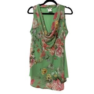 NaraCamacie Green Cowl Neck Floral Tunic Top Womens Small Sleeveless Blouse